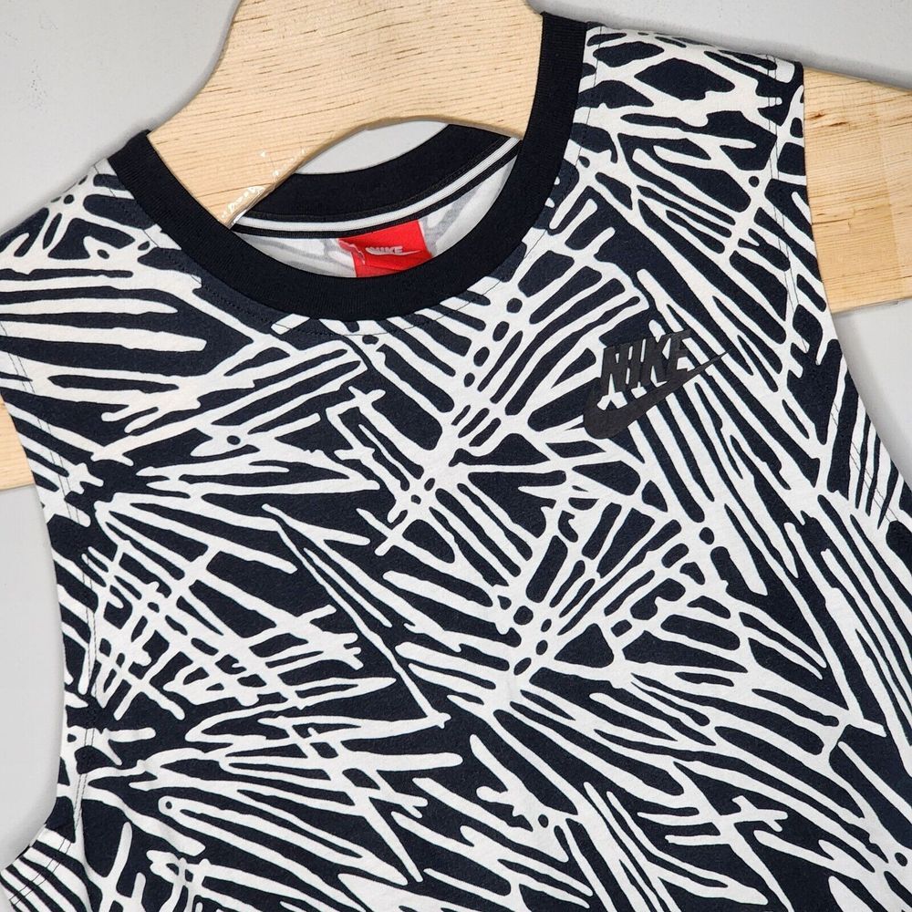 Nike Tank Top Womens Small White Black Striped‎ Palm Muscle Shirt Swoosh Gym New